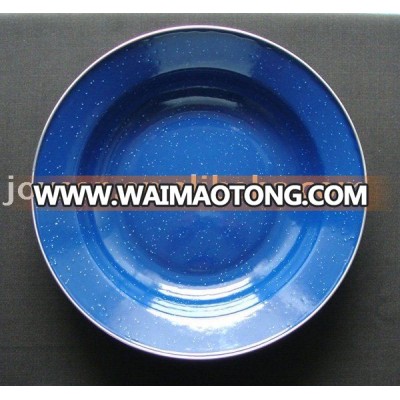 Enamel Soup Plate, Blue Plate, Plate with White Dots, Stainless Steel Rim Plate