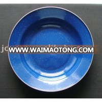 Enamel Soup Plate, Blue Plate, Plate with White Dots, Stainless Steel Rim Plate